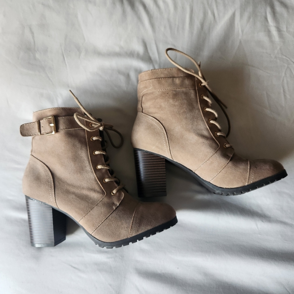 Faux Suede Tan Heeled Bootie Woman's Size 7.5